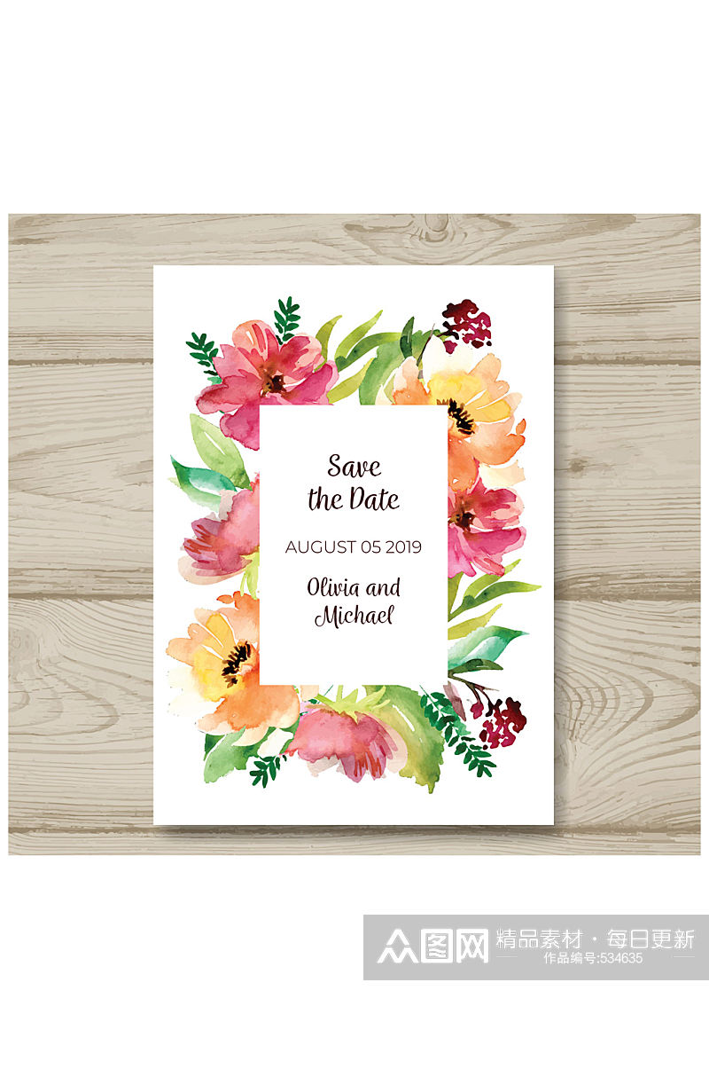 水彩绘花卉婚礼邀请卡设计矢量图素材