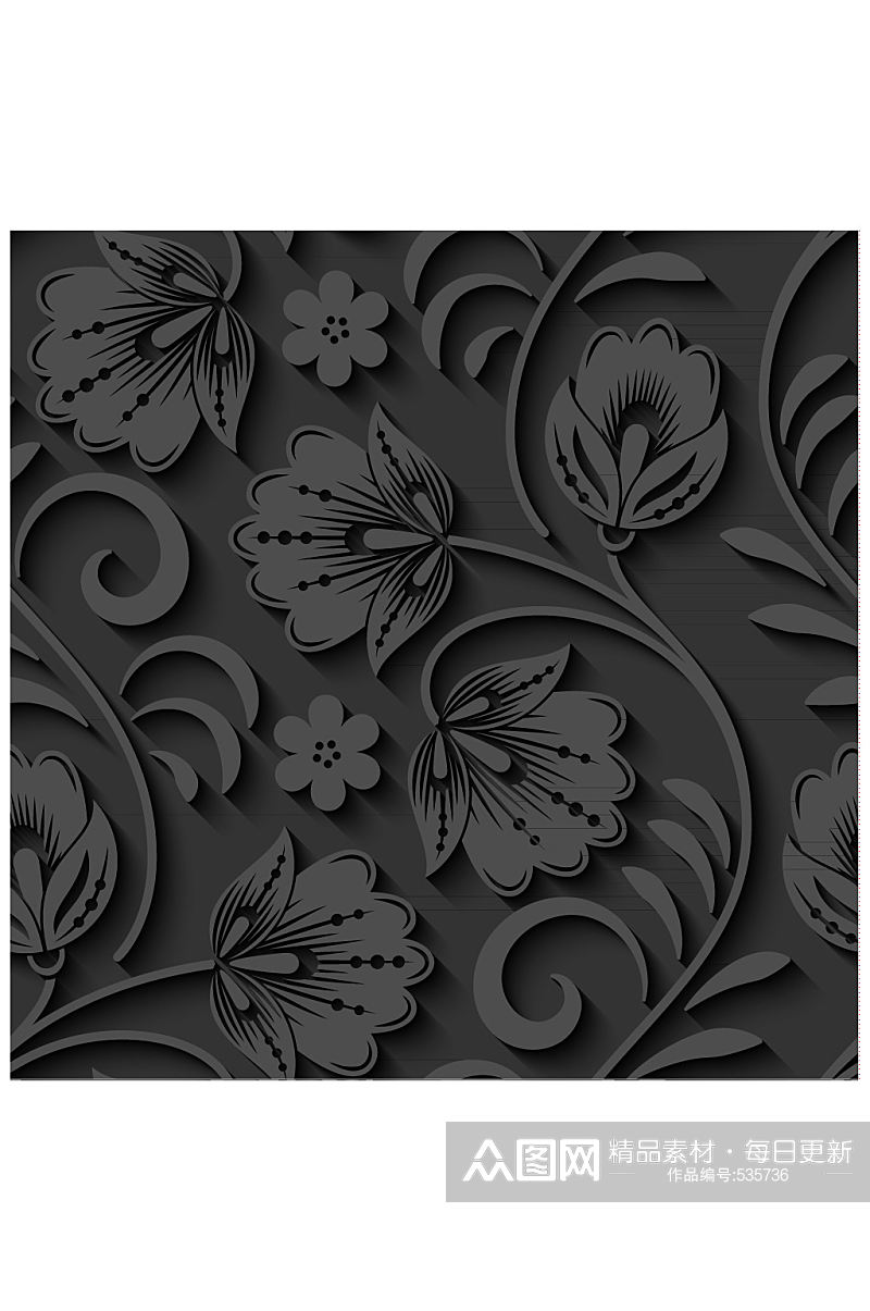 黑色3D花卉和叶子背景矢量素材素材