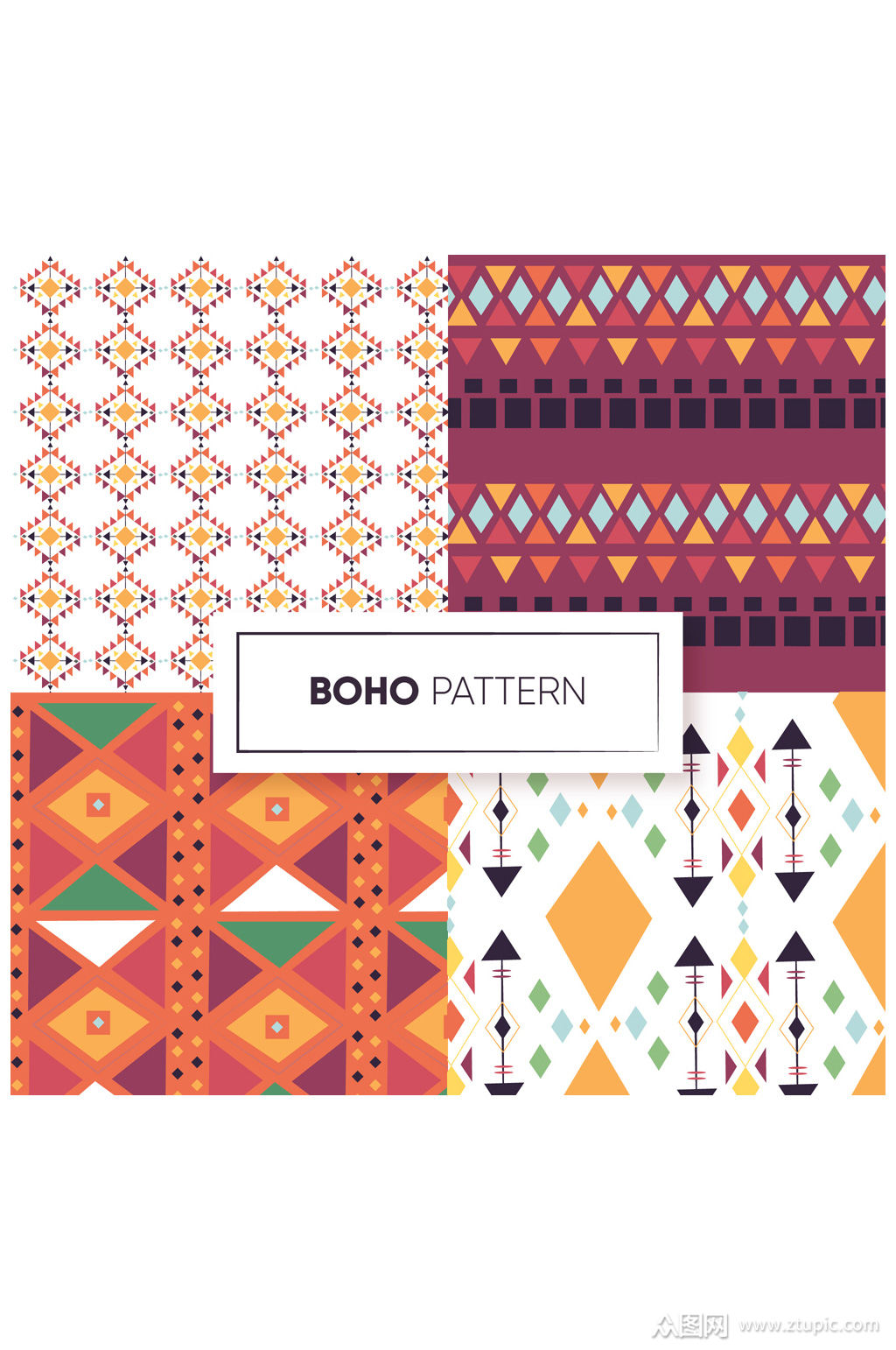 4款复古波西米亚风无缝背景矢量图素材