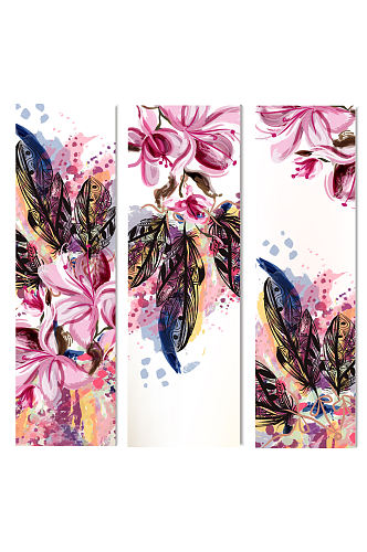 3款彩绘木兰花和羽毛矢量素材