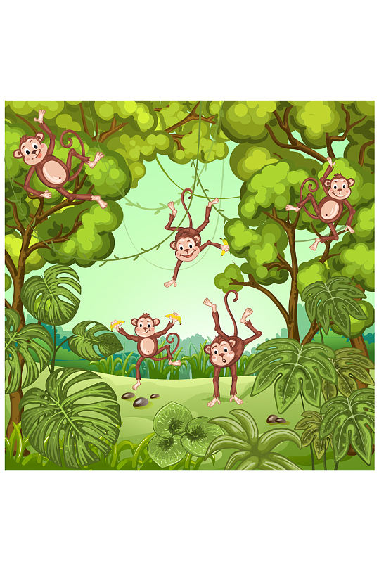 卡通丛林里的猴子矢量素材