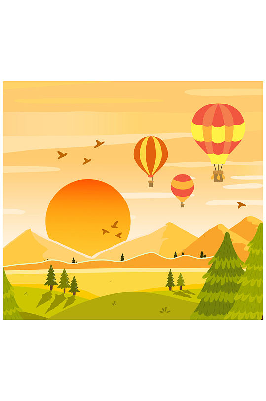 创意郊外夕阳下的热气球风景矢量图