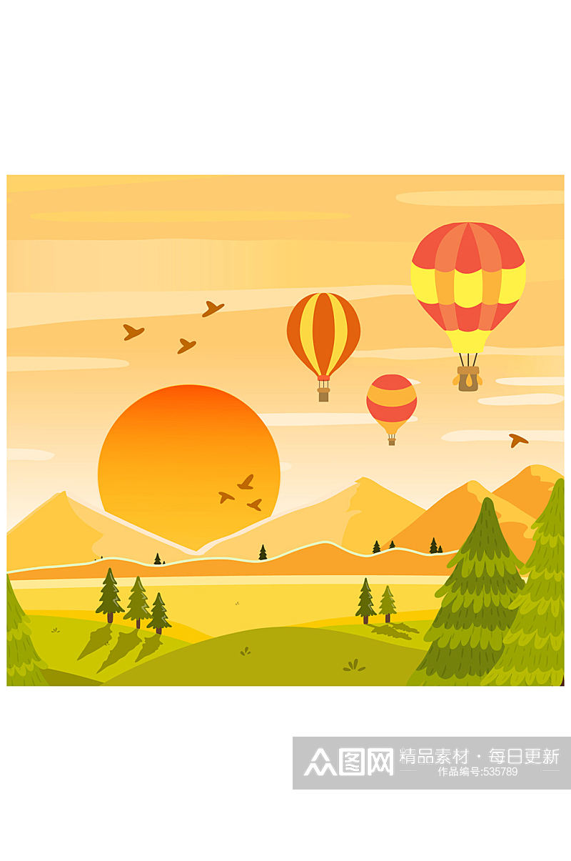创意郊外夕阳下的热气球风景矢量图素材