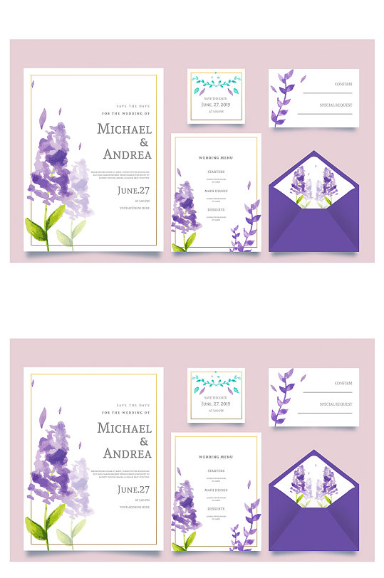 5款水彩绘紫色薰衣草婚礼卡片矢量图