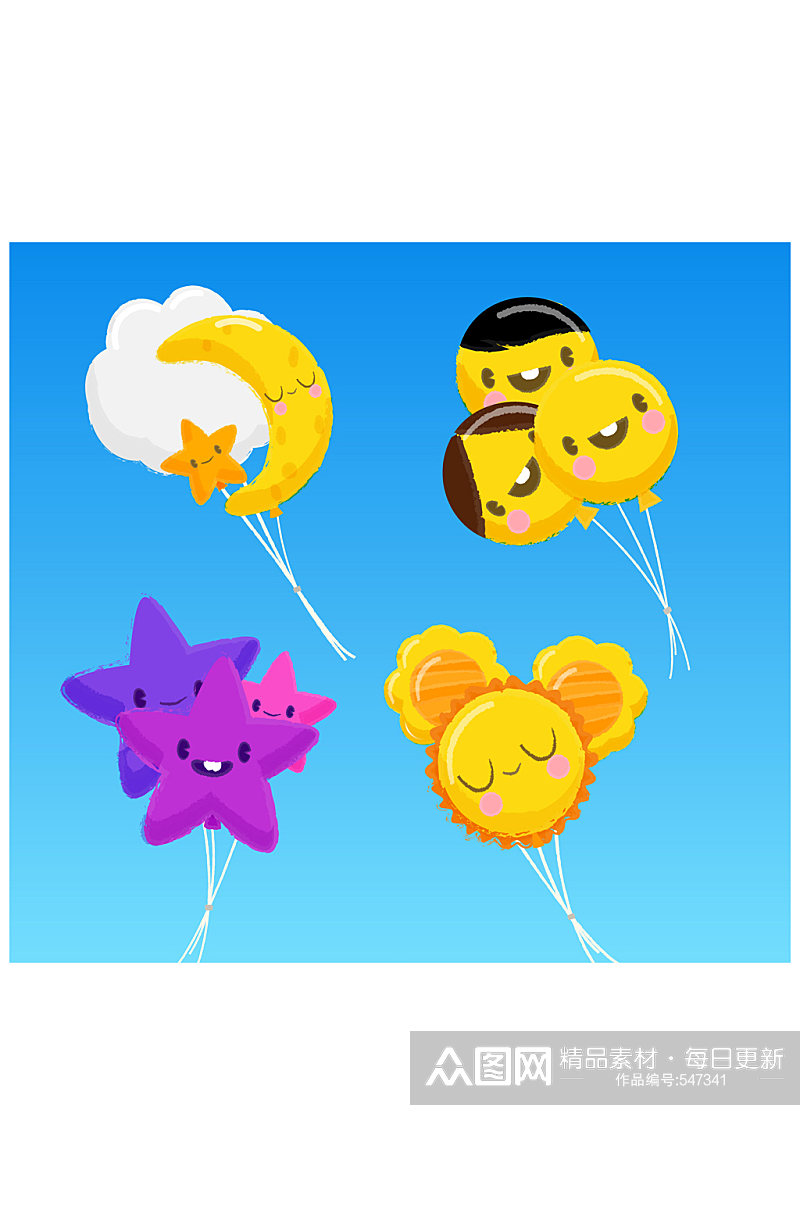 4组可爱表情气球束设计矢量图素材