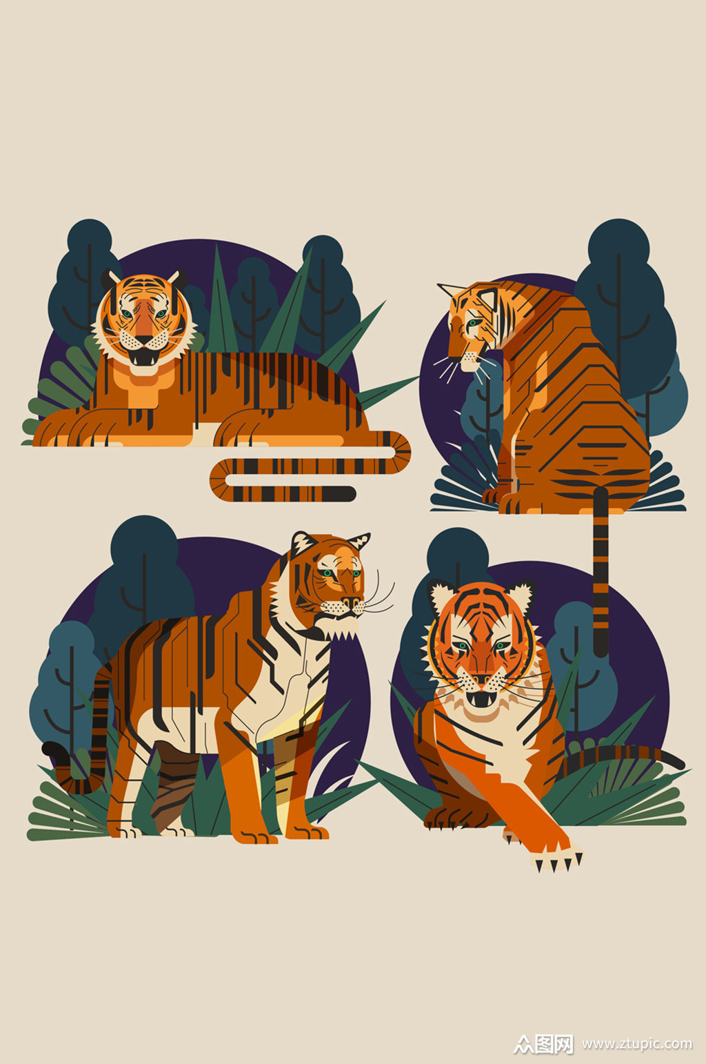 4款创意森林老虎矢量素材