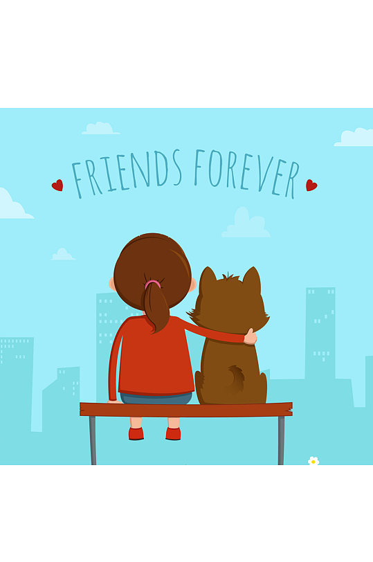 可爱国际友谊日女孩和宠物狗背影矢量图