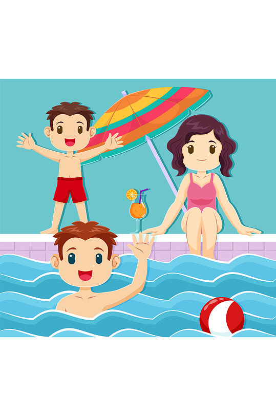 创意游泳馆三口之家矢量素材-众图网