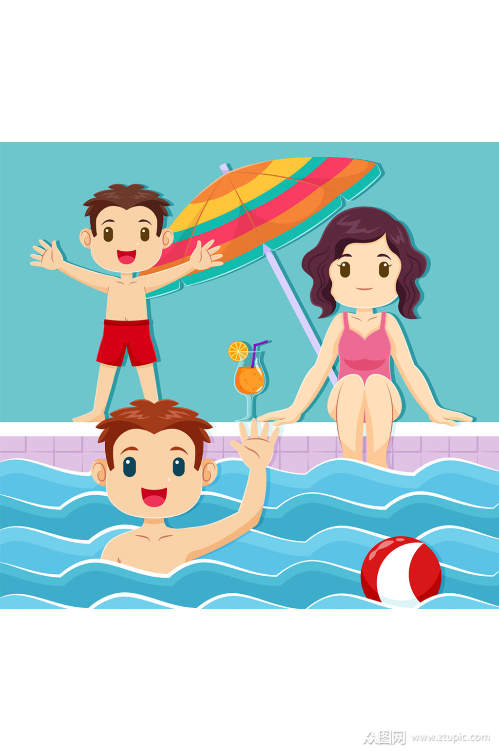 创意游泳馆三口之家矢量素材