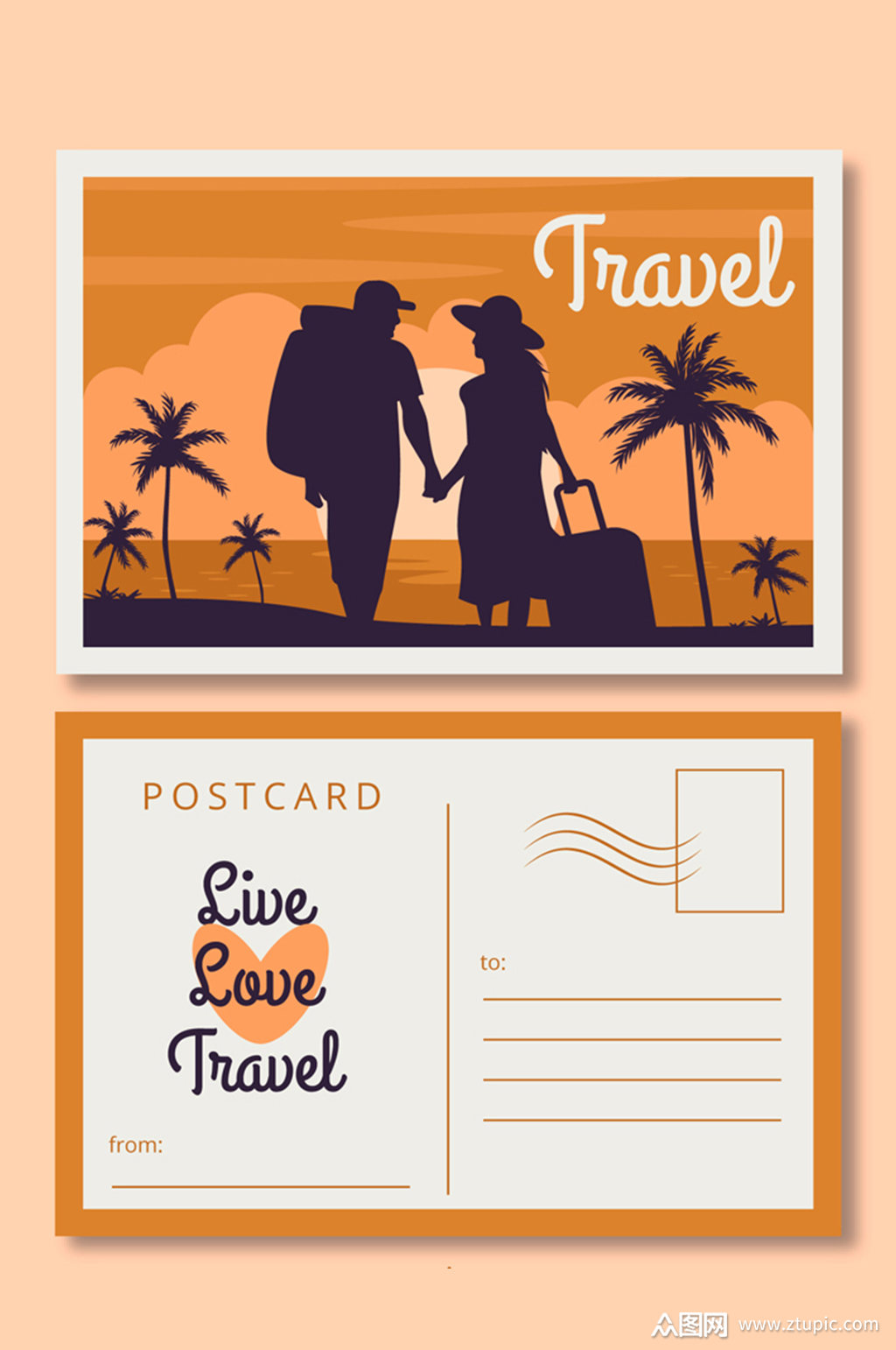 创意情侣旅行明信片矢量素材模板下载-编号548350-众图网