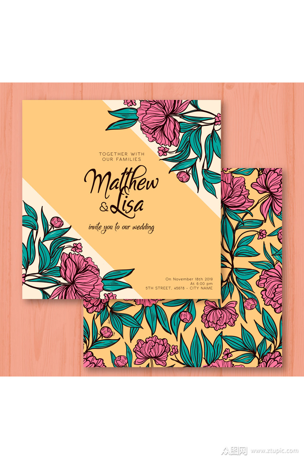 手绘花婚礼邀请卡正反面矢量素材