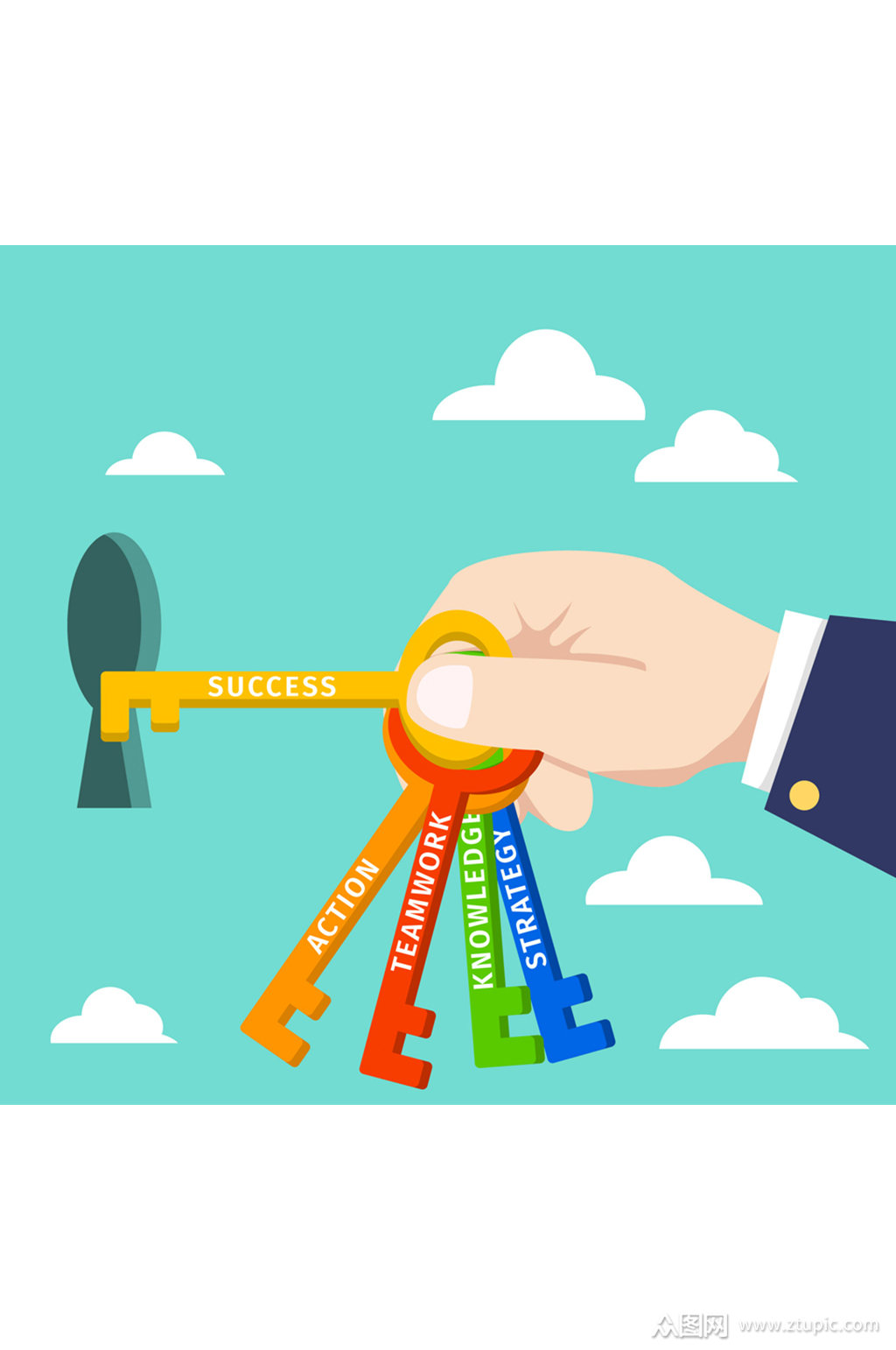 创意拿一串钥匙开锁的手臂矢量图