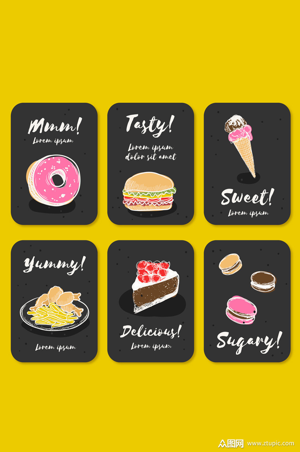 6款彩绘食物卡片矢量素材