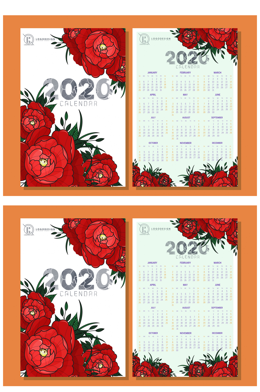 2020年红色花卉年历正反面矢量图素材