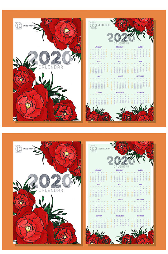 2020年红色花卉年历正反面矢量图