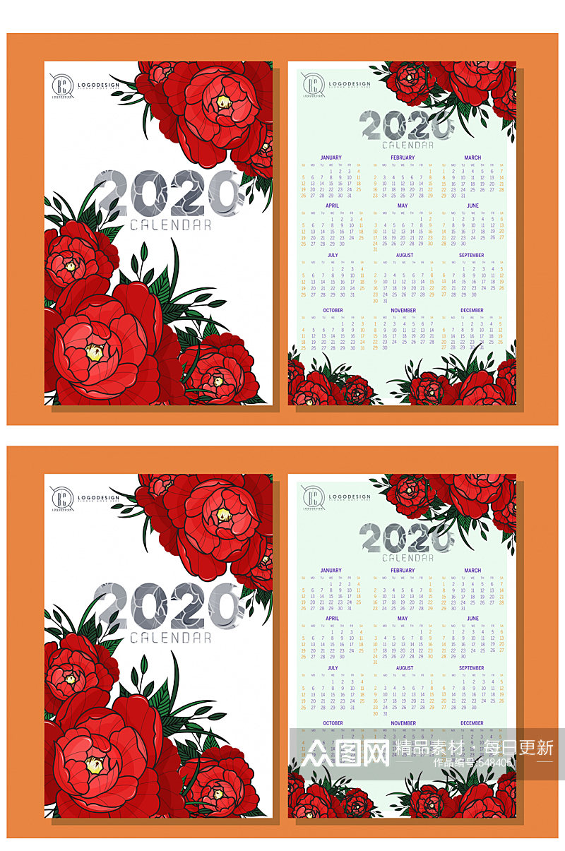 2020年红色花卉年历正反面矢量图素材