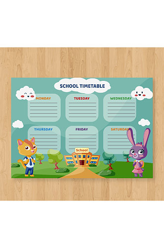 卡通猫咪和兔子装饰课程表矢量素材