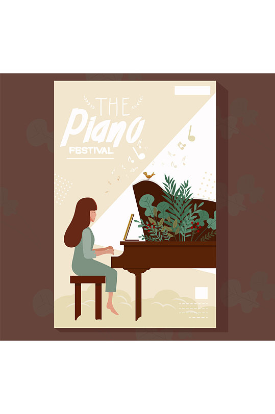 创意演奏女子钢琴音乐节传单矢量图