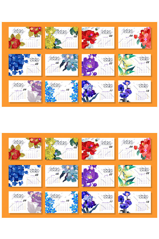 2020年花卉月历卡片矢量素材