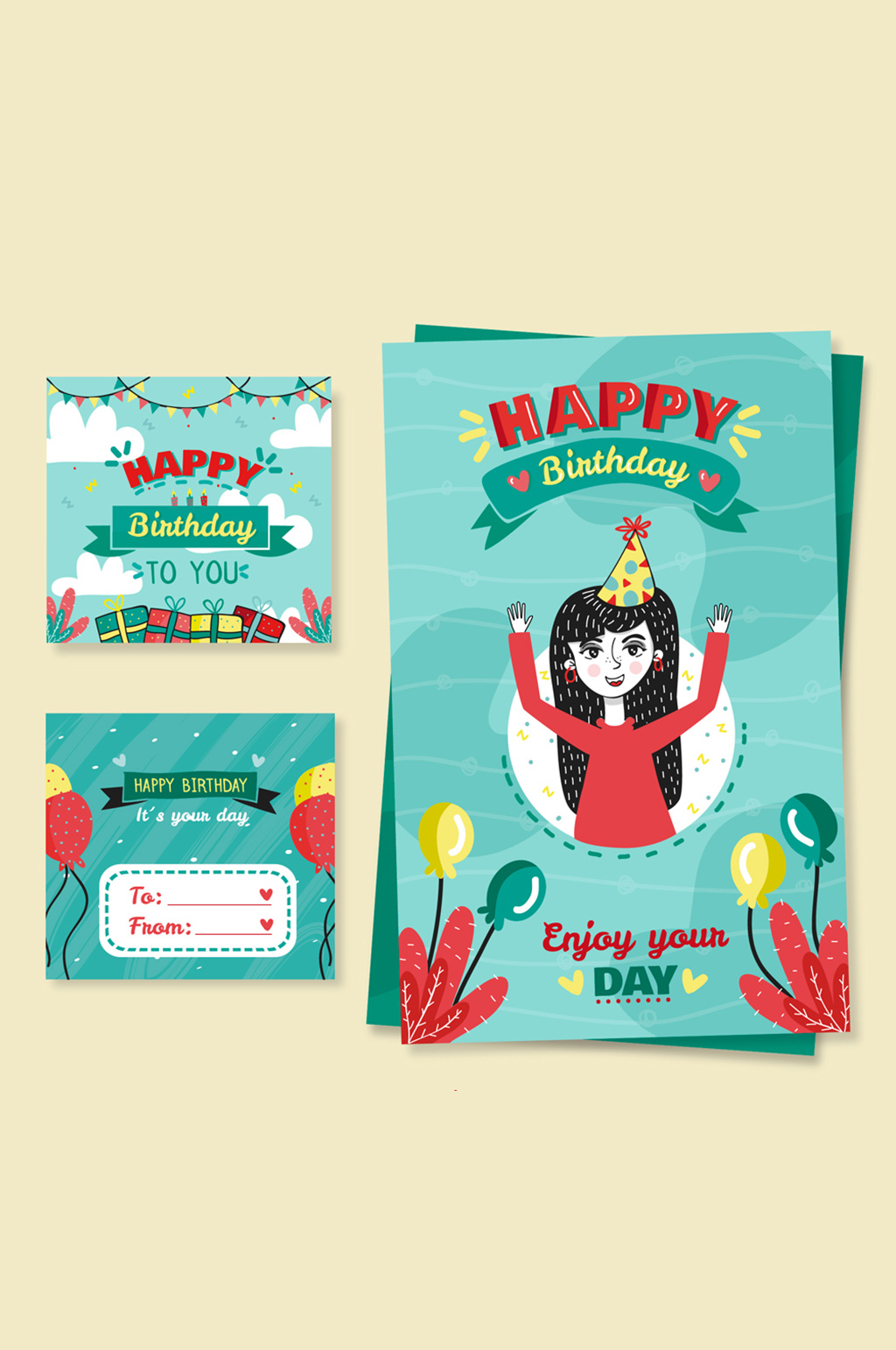 2款彩绘生日祝福卡片矢量素材素材