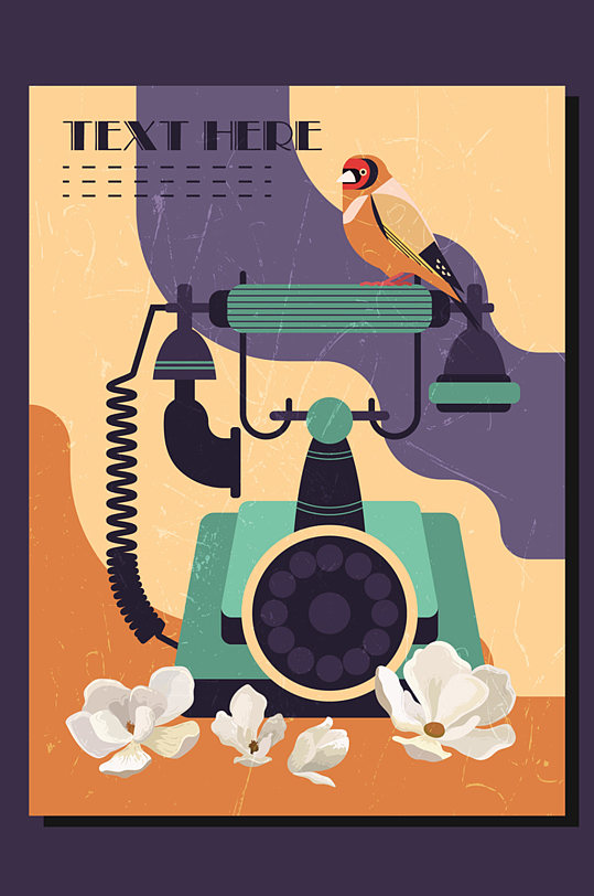 复古电话机和花鸟海报矢量素材