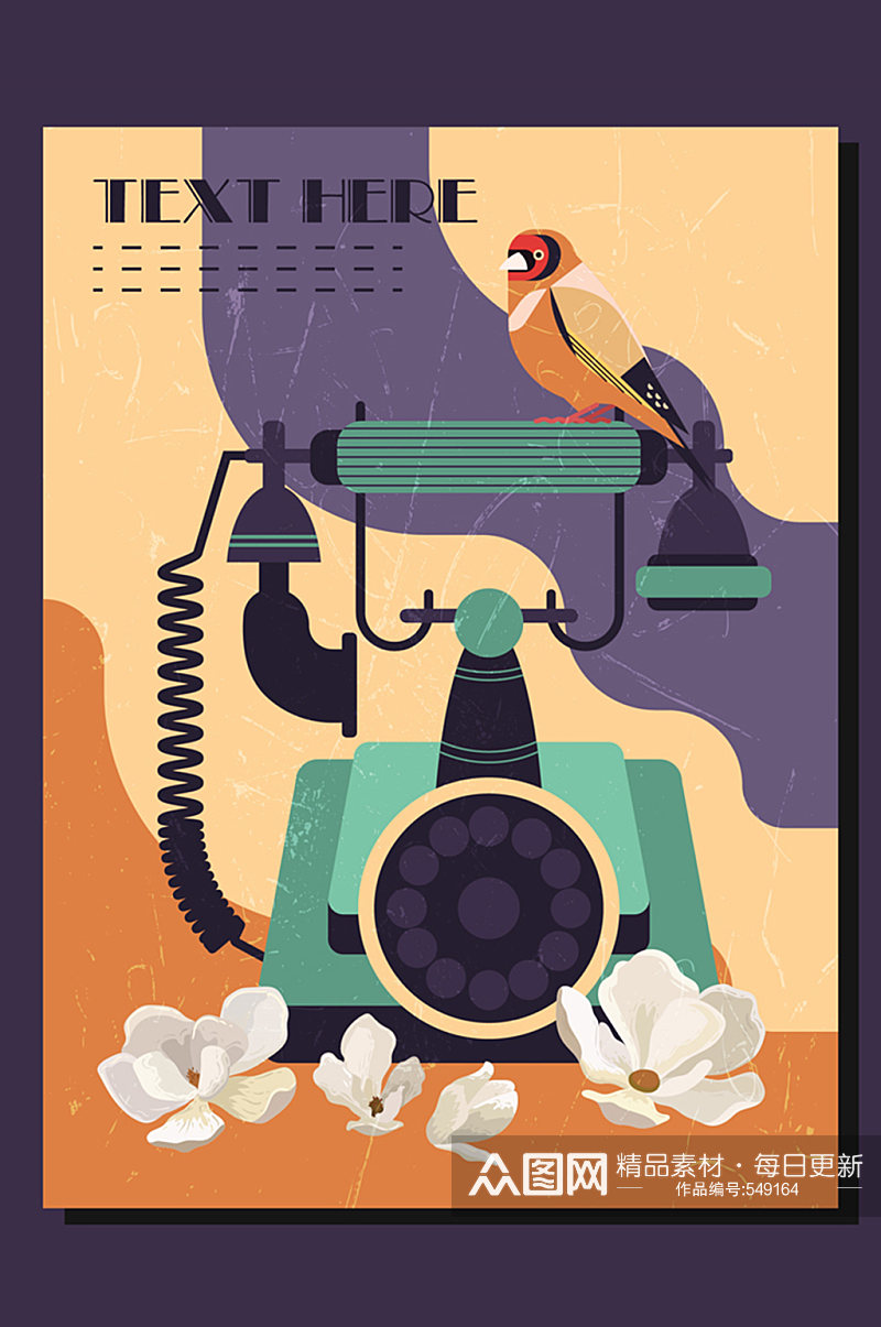 复古电话机和花鸟海报矢量素材素材