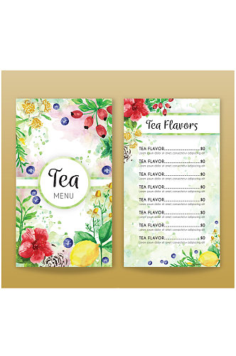 水彩绘花卉和水果茶水单矢量图