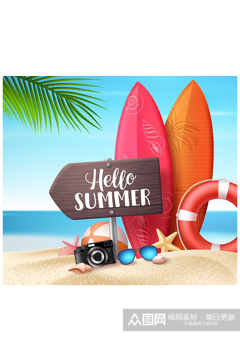 创意夏季沙滩上的木牌和度假物品矢量图素材