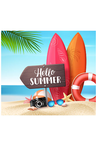 创意夏季沙滩上的木牌和度假物品矢量图