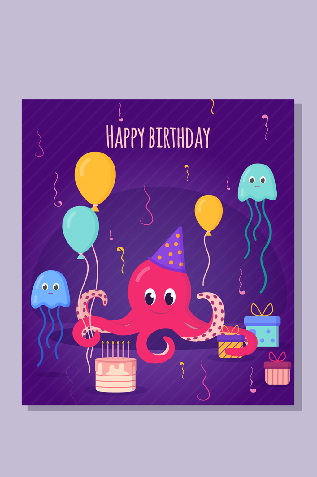 可爱章鱼生日祝福卡矢量素材素材