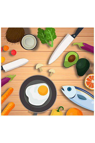 创意桌子上的厨具和果蔬矢量素材