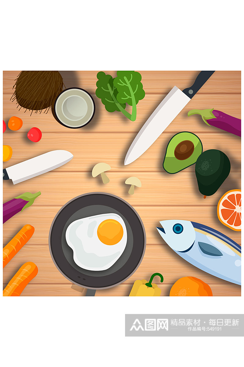 创意桌子上的厨具和果蔬矢量素材素材