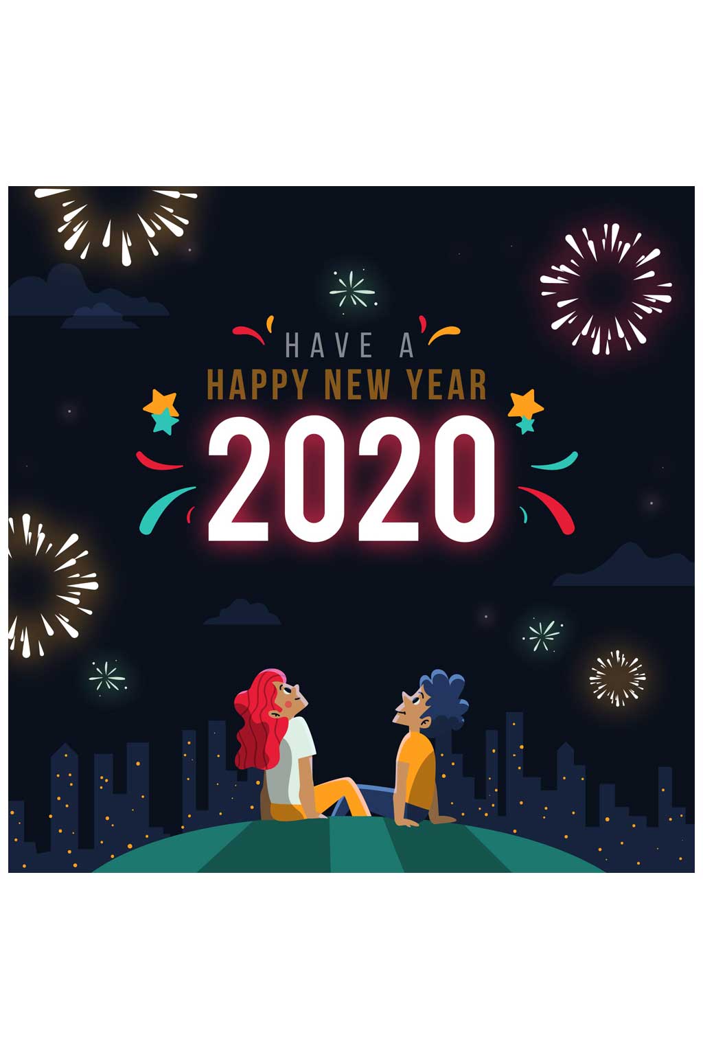 2020年创意仰望夜空的新年男女矢量图素材