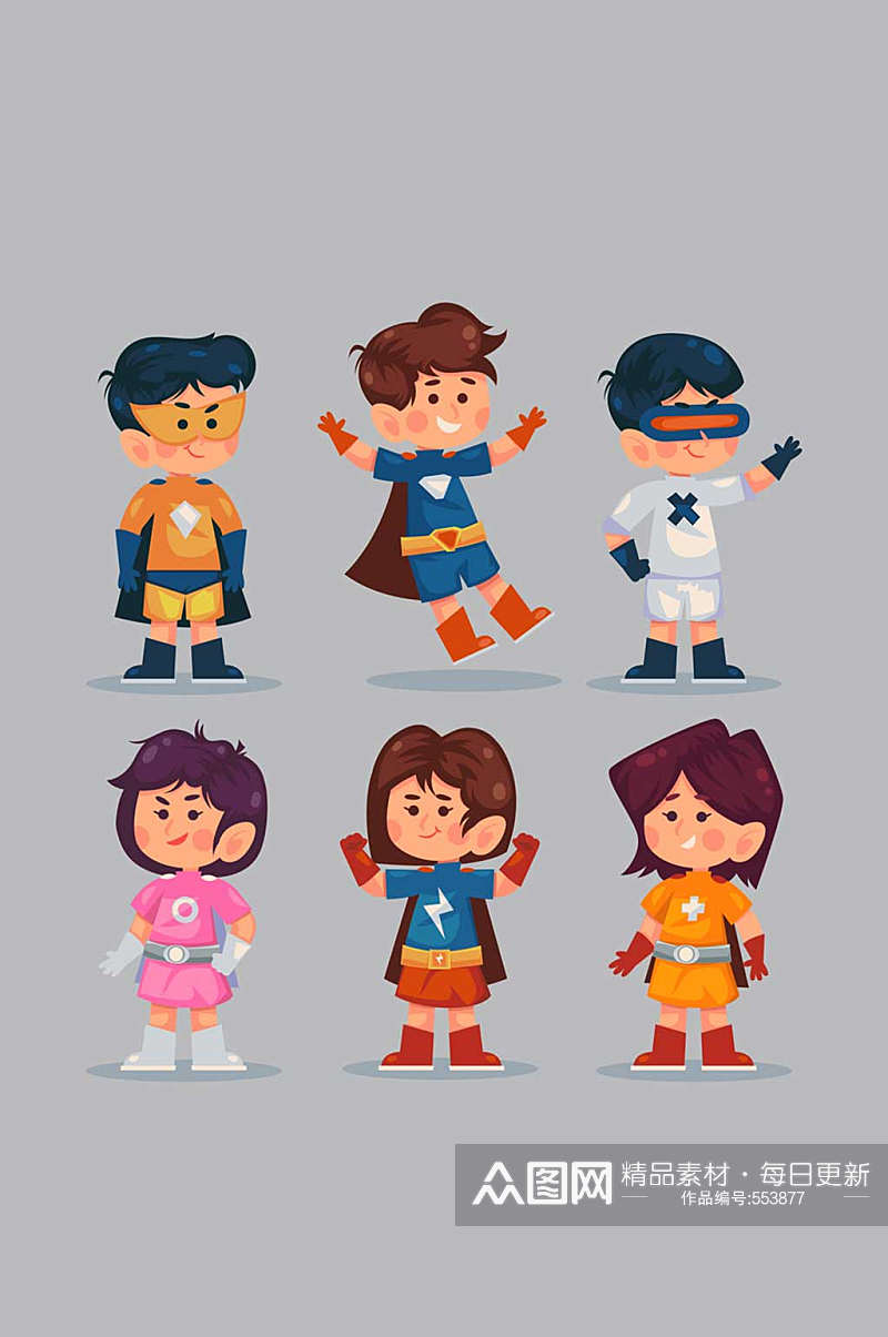 6款卡通超级英雄装扮儿童矢量图素材