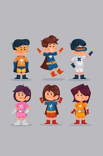 6款卡通超级英雄装扮儿童矢量图