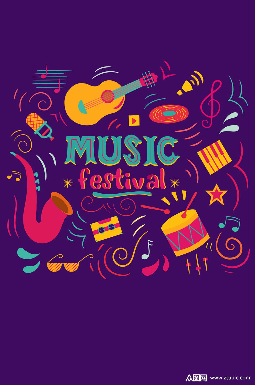 彩绘音乐节乐器矢量素材模板下载-编号553974-众图网