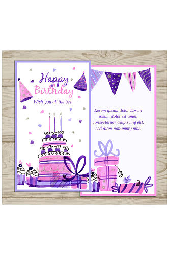 2款彩绘紫色蛋糕和礼物生日卡片矢量素材