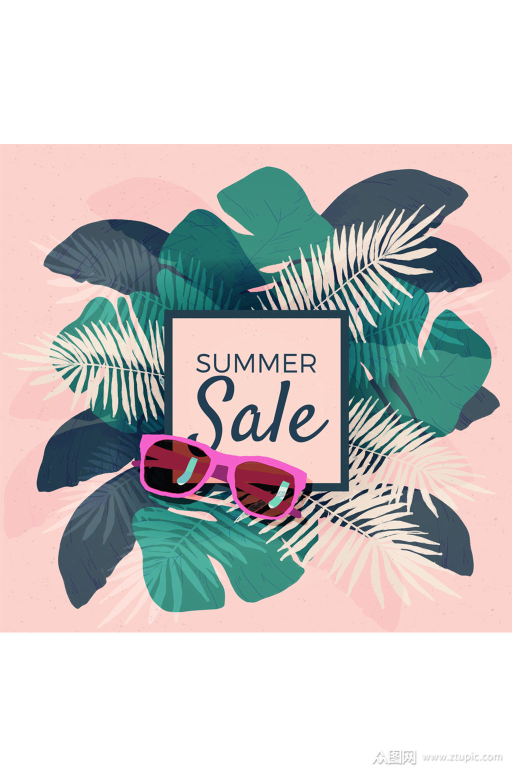 彩绘热带树叶夏季销售招贴画矢量图素材