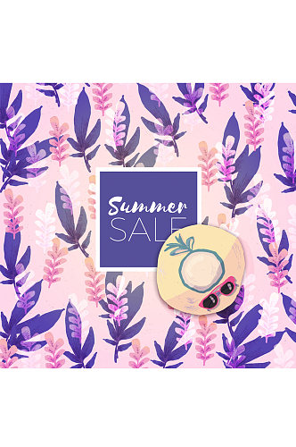 彩绘紫色花草夏季销售招贴画矢量图