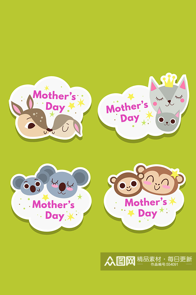 4款可爱母亲节动物头像标签矢量图素材