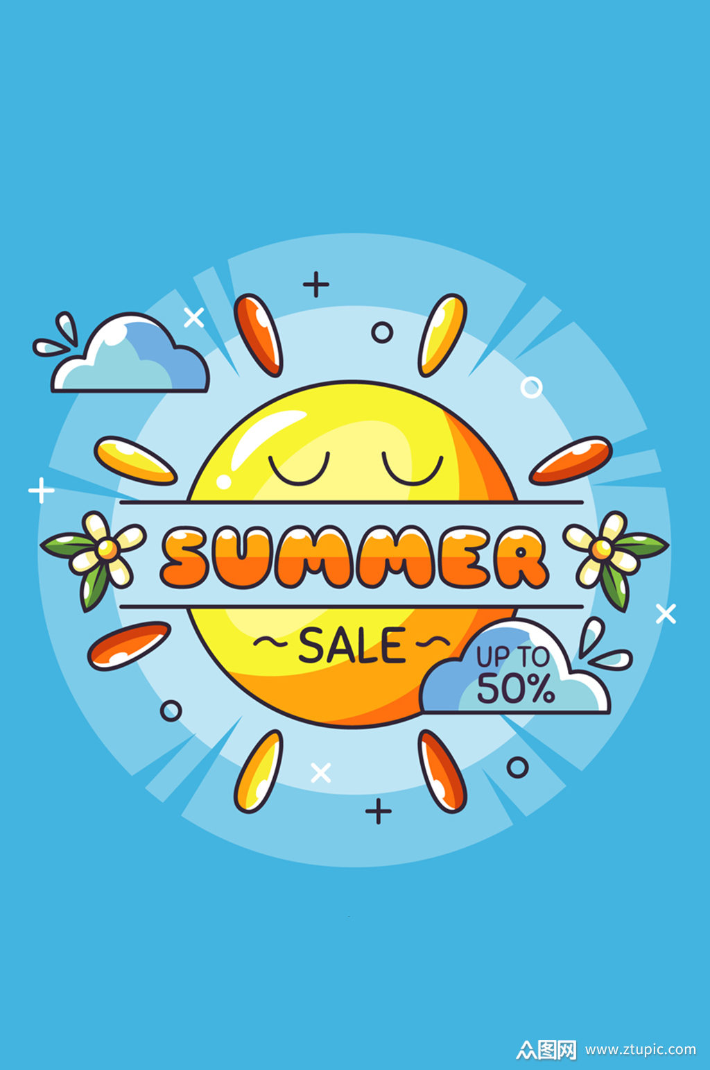 彩绘太阳夏季半价促销招贴画矢量图素材