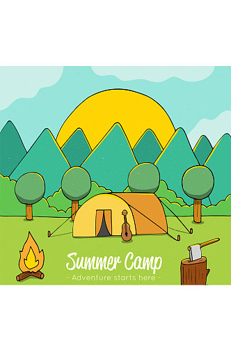 创意白天树林中的野营帐篷矢量图