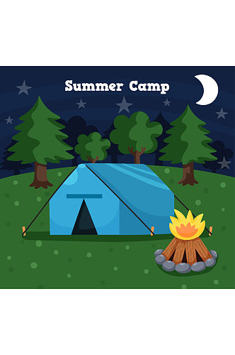 创意夜晚树林中的野营帐篷矢量图