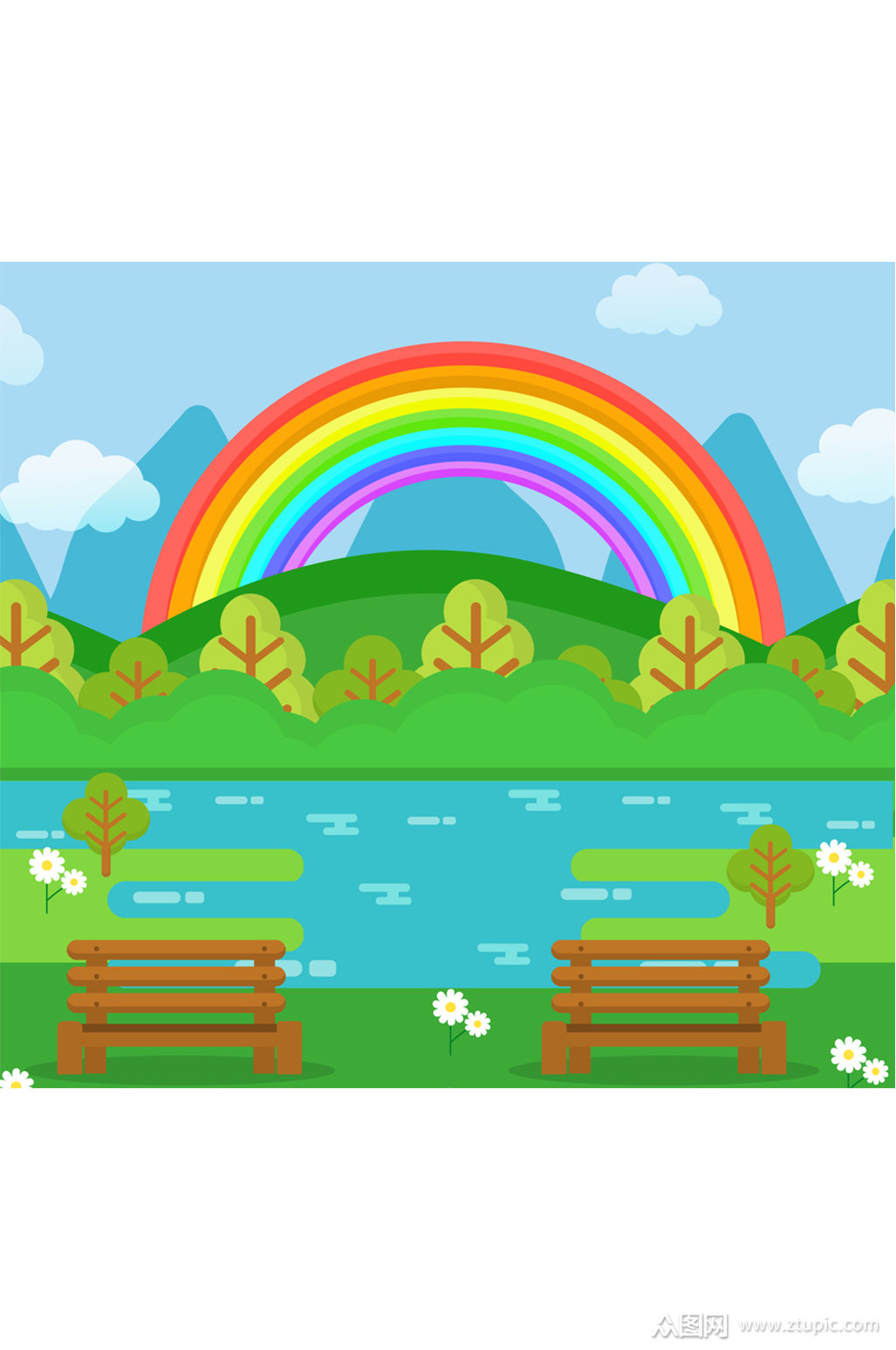 美丽郊外河边彩虹风景矢量素材