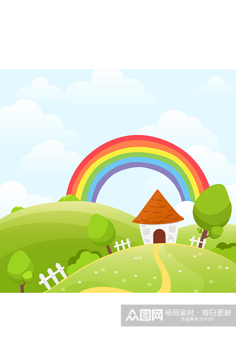 创意郊外房屋和彩虹风景矢量图素材