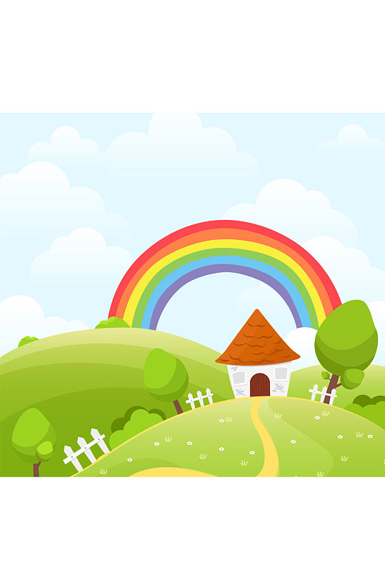 创意郊外房屋和彩虹风景矢量图