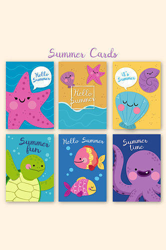 6款彩绘可爱夏季动物卡片矢量图