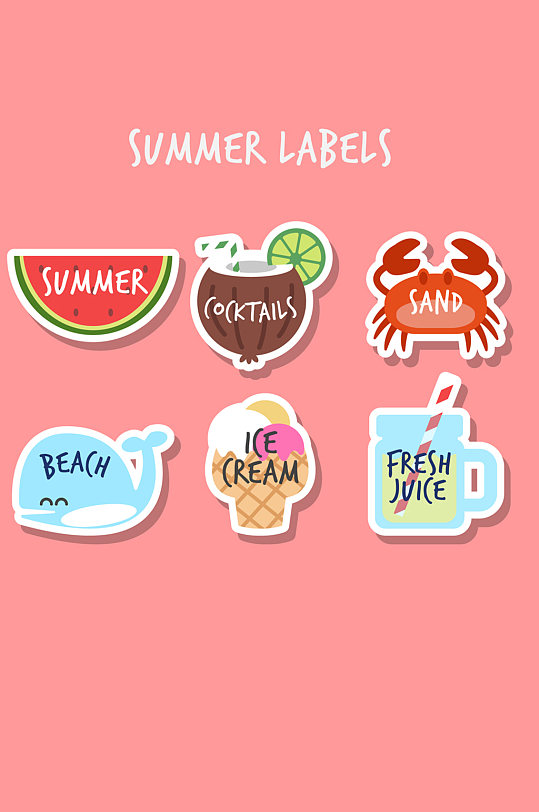 6款可爱夏季贴纸设计矢量图