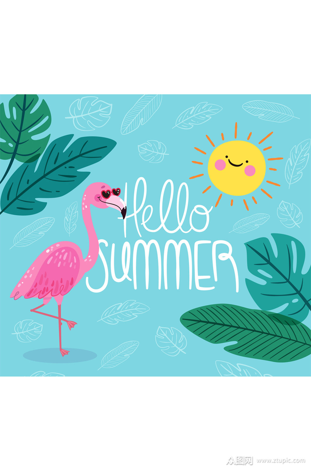 彩绘夏季墨镜火烈鸟矢量素材