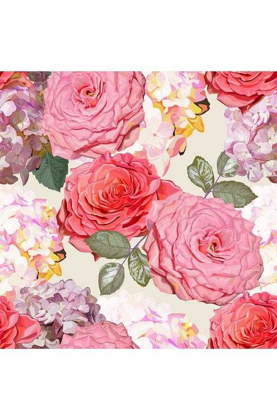 水彩绘绣球花和蔷薇花无缝背景矢量图